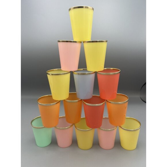 15 MCM Glasses Plastic Shot Mini Dessert KIH Vtg Hong Kong Multicolor Gold Band - Picture 1 of 16